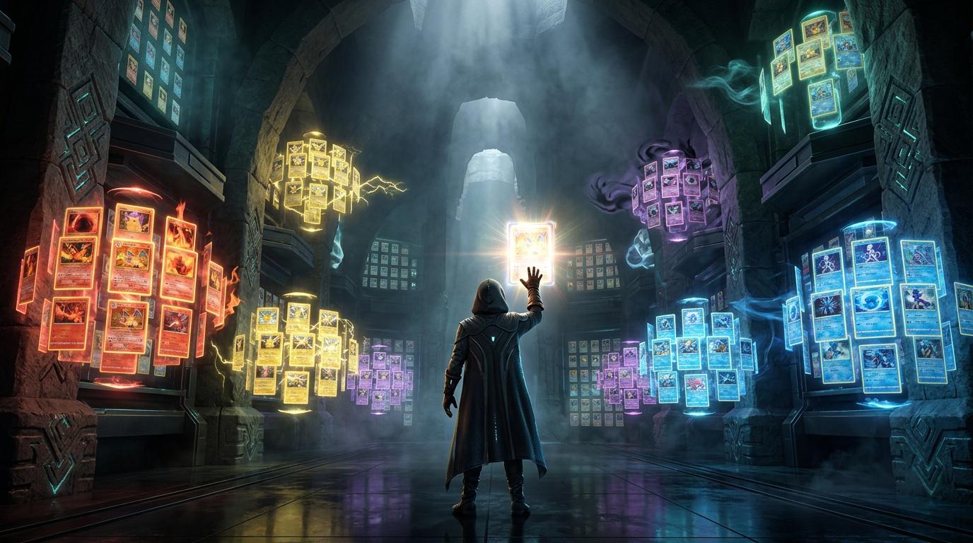 Sorcier levant la main vers des cartes magiques brillantes colorées