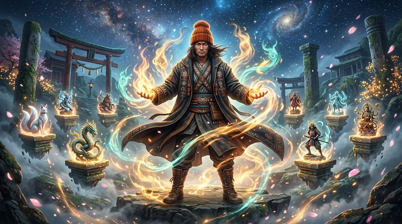 Sorcier asiatique contrôlant des flammes et énergie mystique