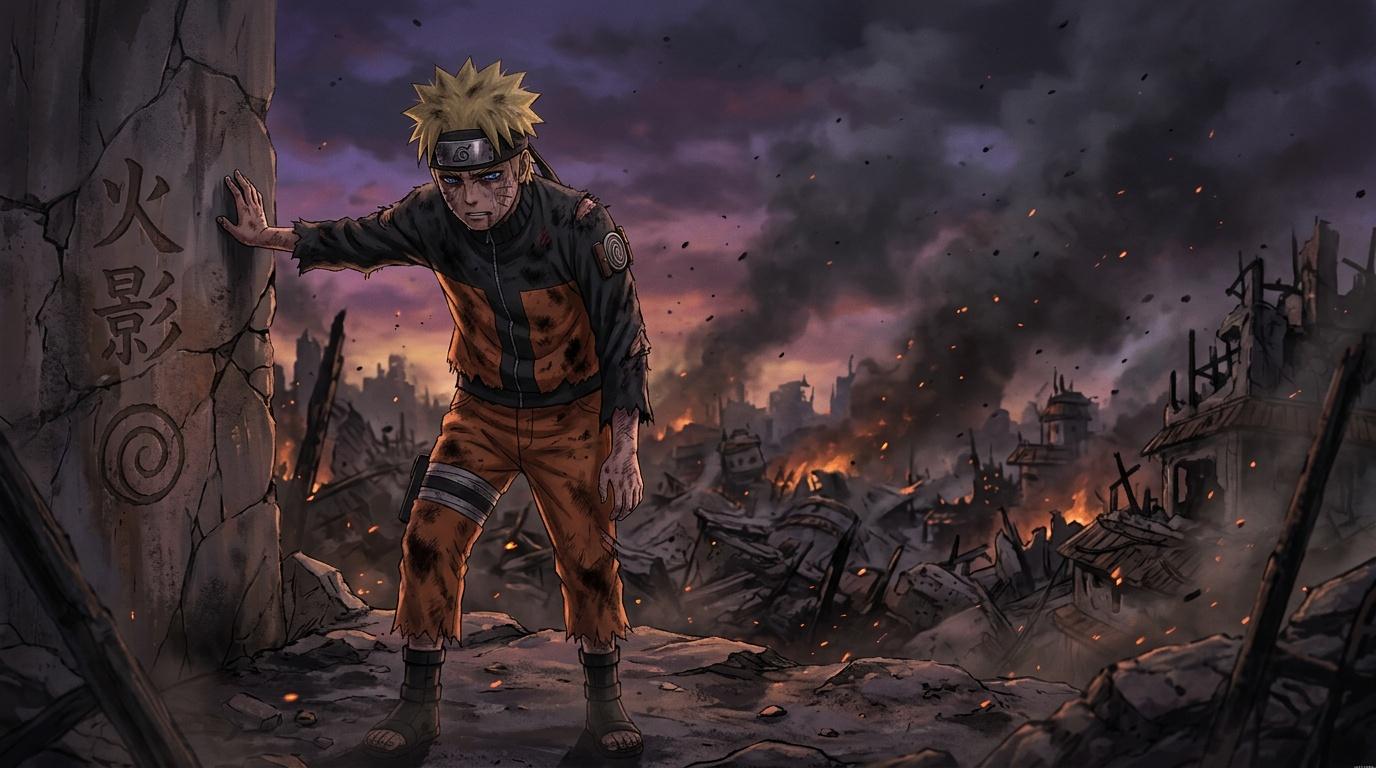 Ninja blond aux cheveux épics devant ville en ruines enflammées