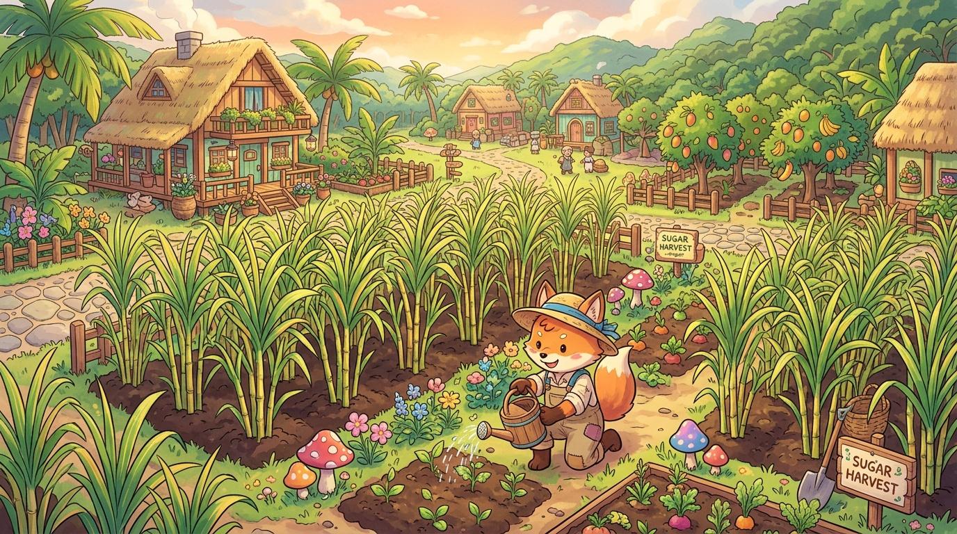 Renard fermier arrosant cultures dans village tropical coloré