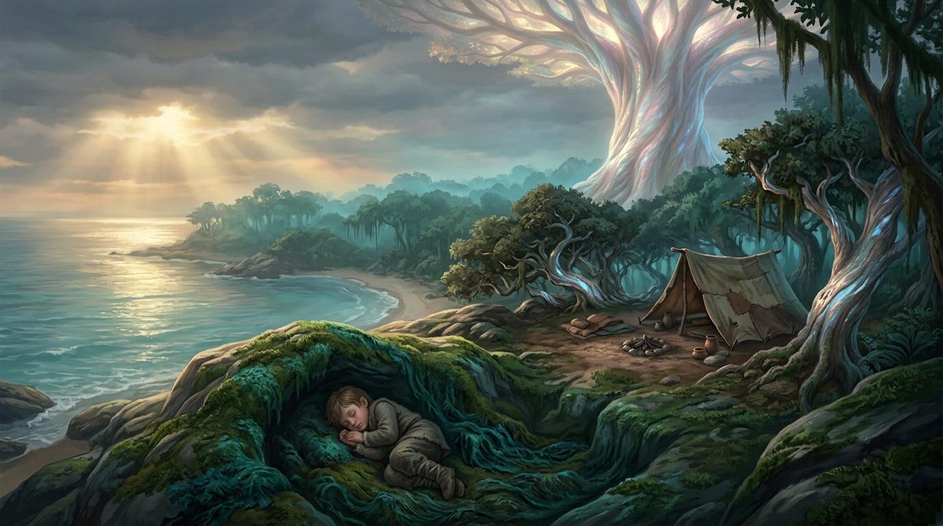 Enfant dormant dans une grotte magique pr&egrave;s de la mer