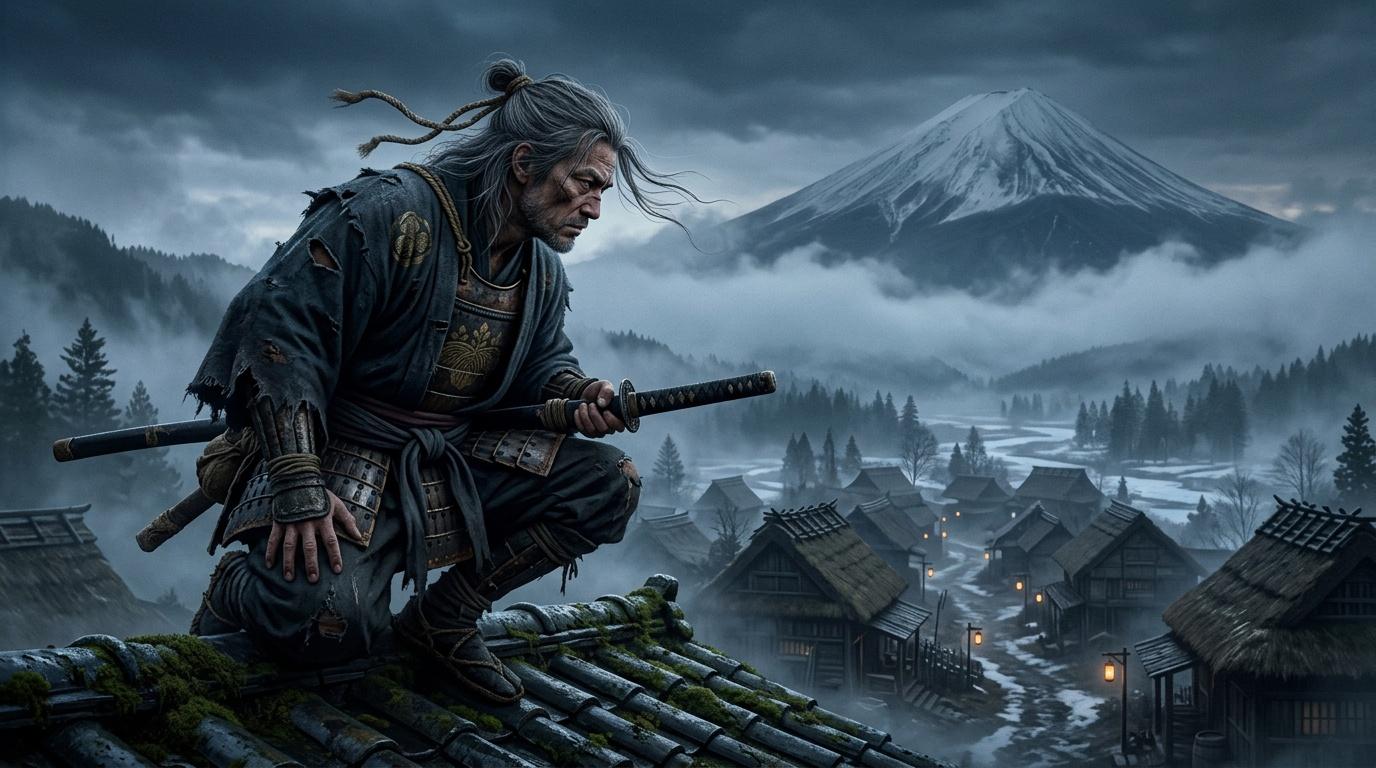 Guerrier samouraï accroupi face à un village montagneux enneigé