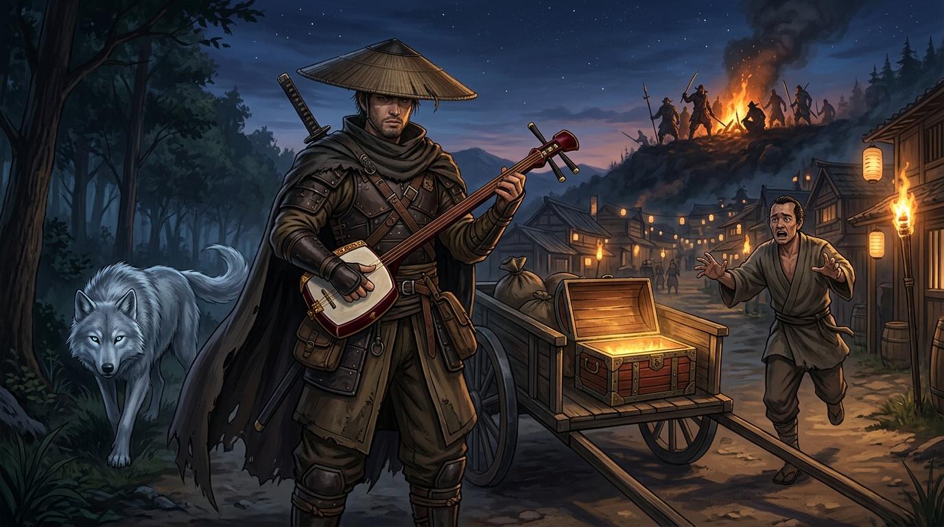 Guerrier samoura&iuml; avec loup, coffre au tr&eacute;sor, village en flammes