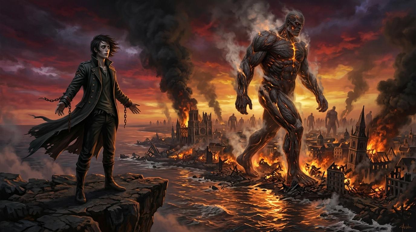 Jeune sorcier affrontant un g&eacute;ant de lave dans une ville en flammes