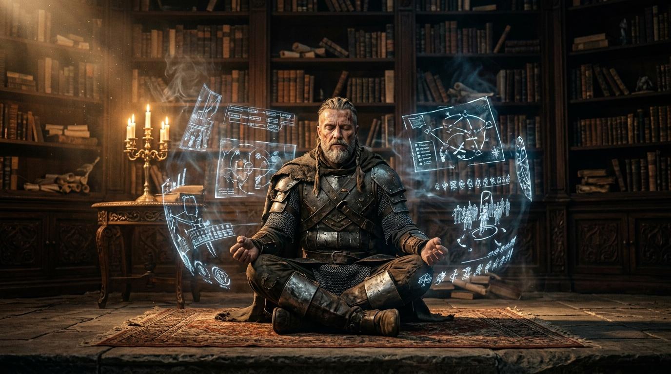 Guerrier barbu en armure m&eacute;di&eacute;vale m&eacute;dite entour&eacute; d'hologrammes lumineux