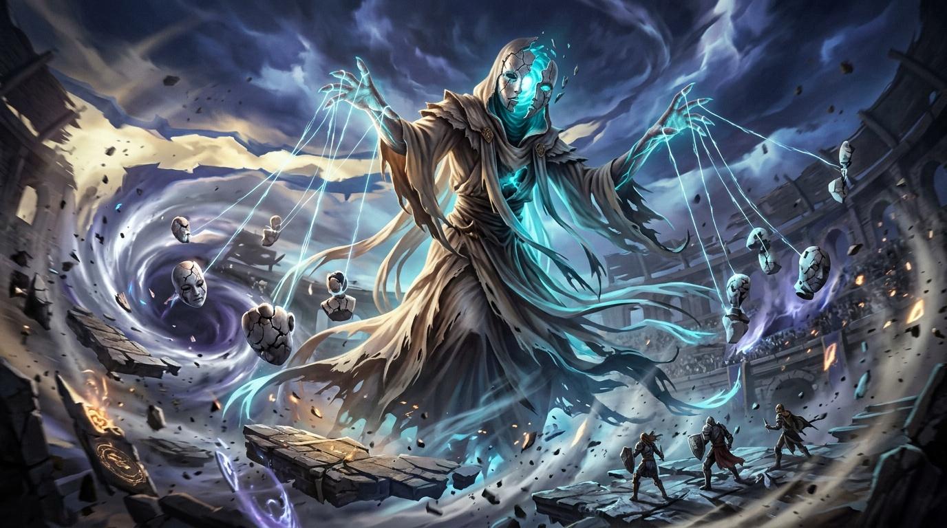 Créature magique turquoise contrôlant des guerriers avec des cordes lumineuses