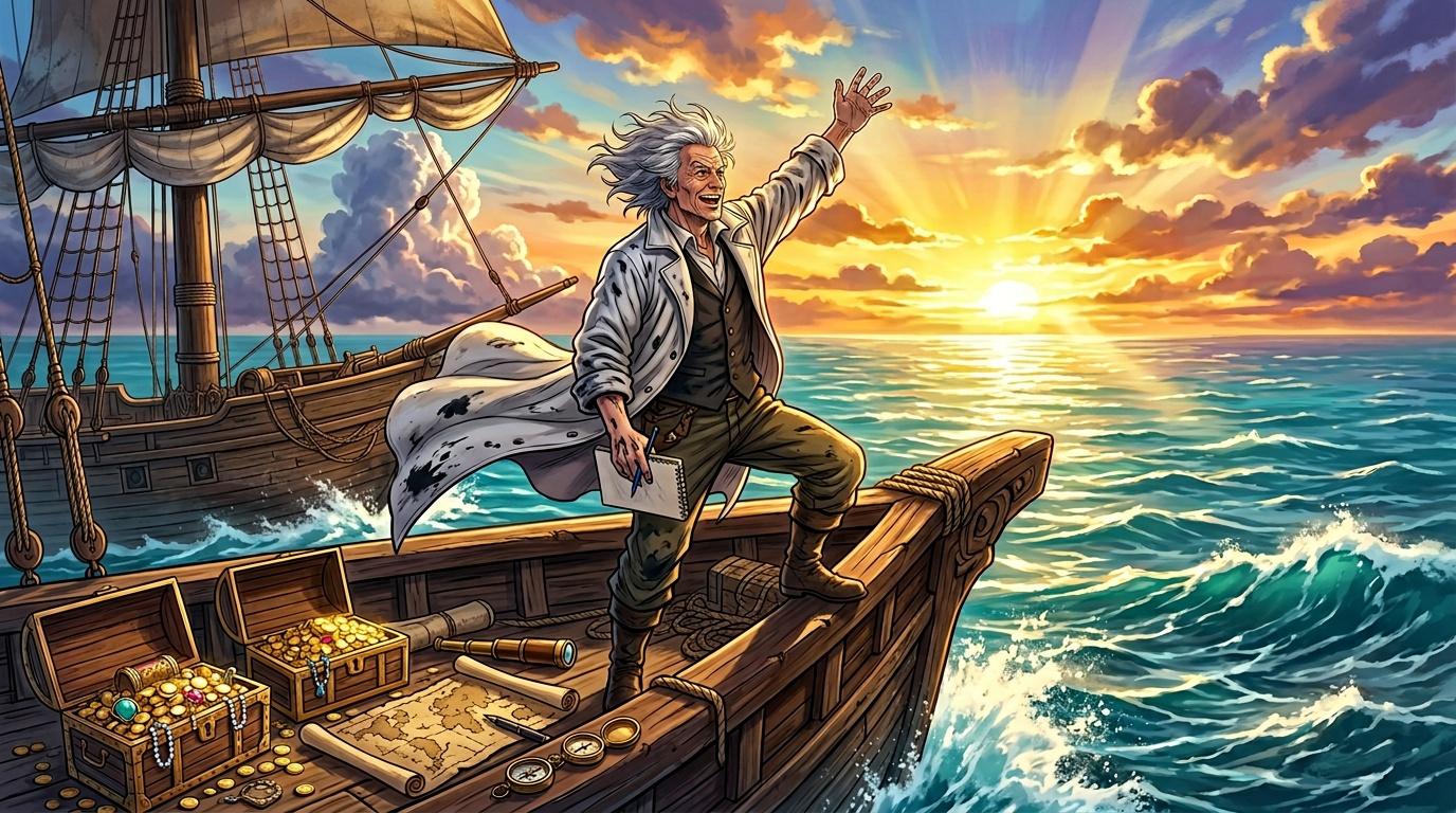 Pirate célébrant sur bateau avec trésor au coucher soleil