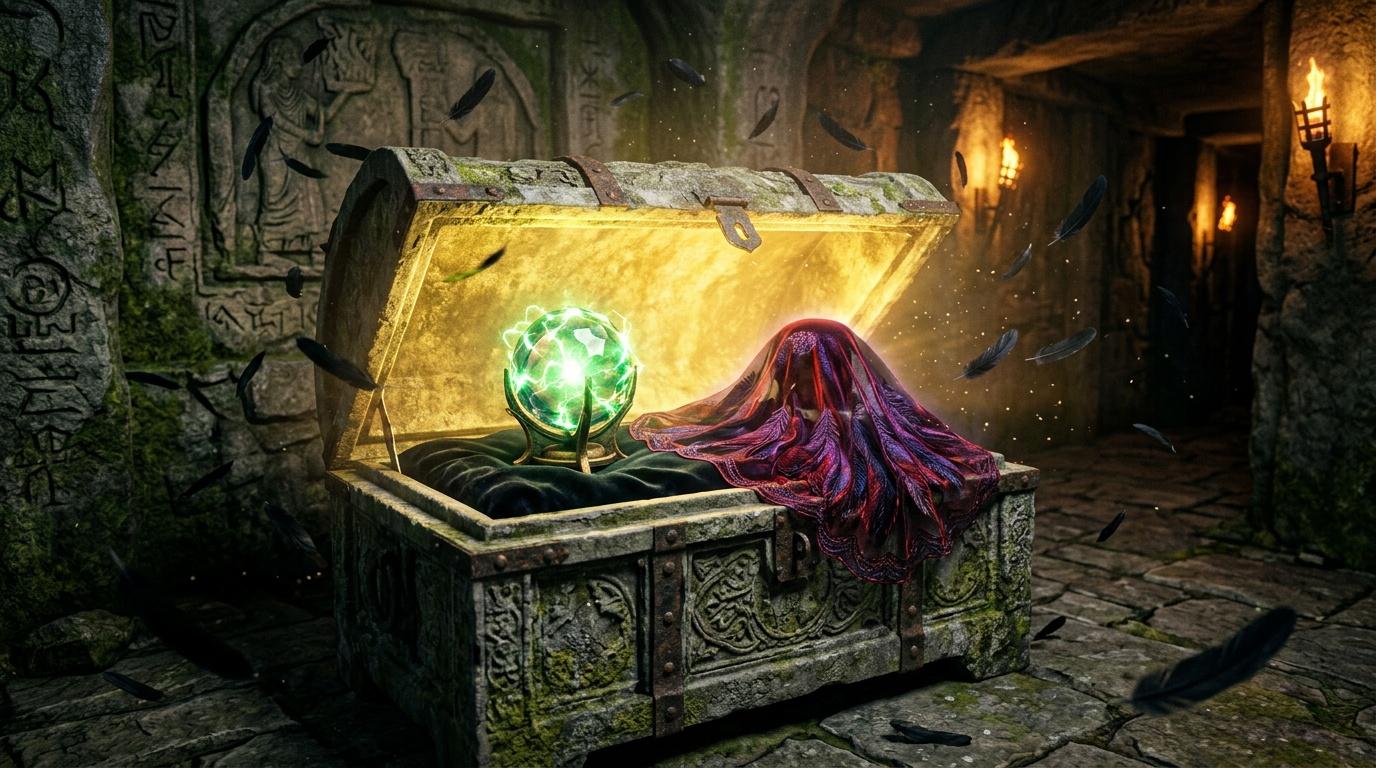 Coffre ancien ouvert contenant orbe magique vert brillant