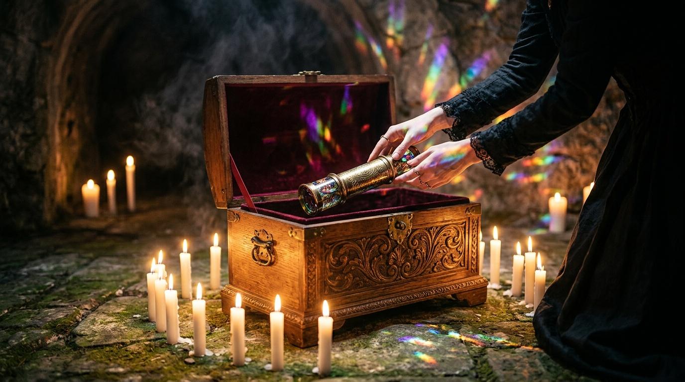 Femme ouvre coffre ancien avec prisme arc-en-ciel magique