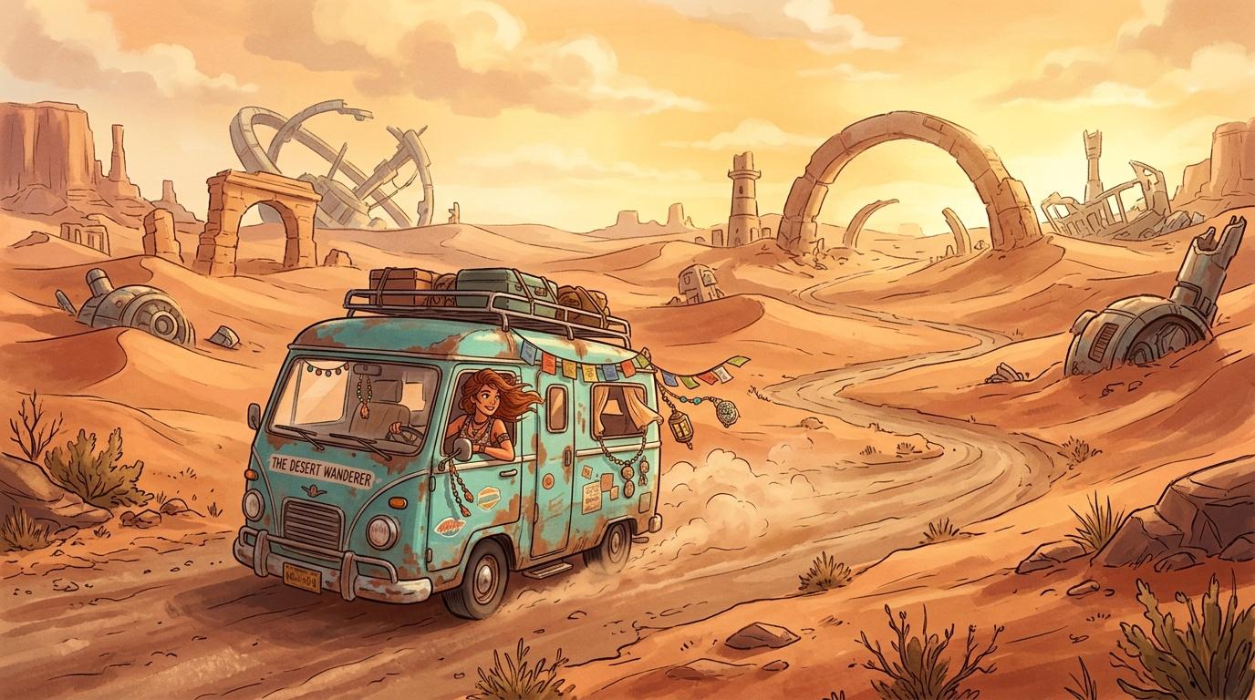 Camping-car turquoise traversant un désert post-apocalyptique aride