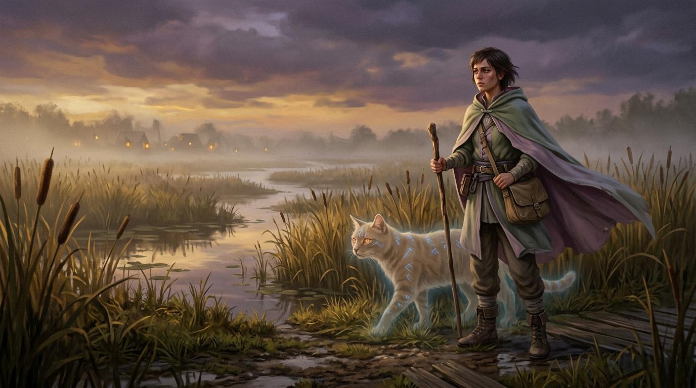 Guerrier avec cape marche pr&egrave;s d'un chat blanc dans mar&eacute;cage brumeux