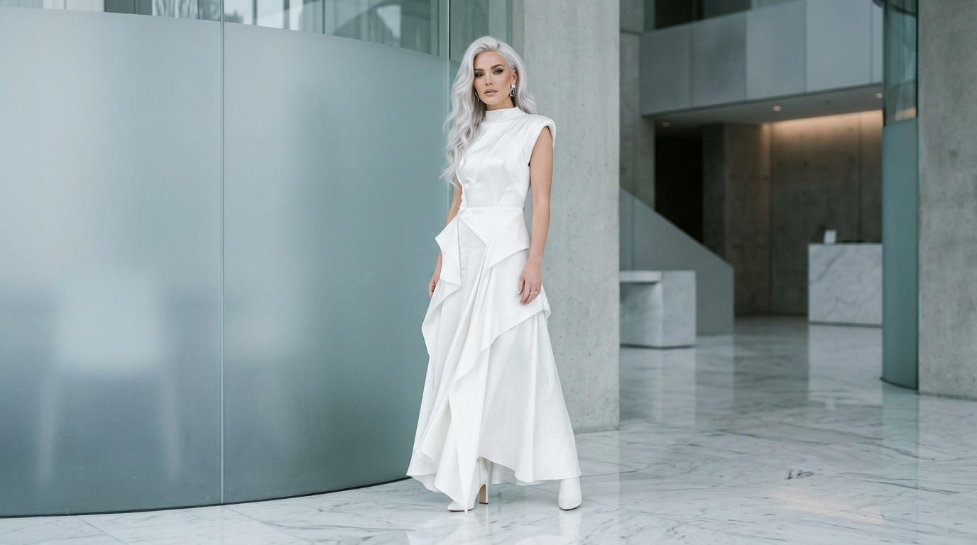 Femme en robe blanche fluide dans corridor moderne