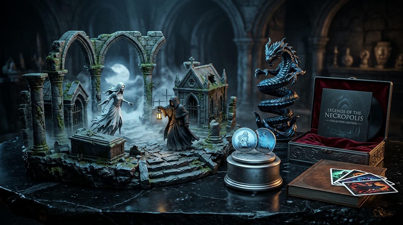 Diorama gothique avec dragon bleu, ruines et pi&egrave;ces de collection