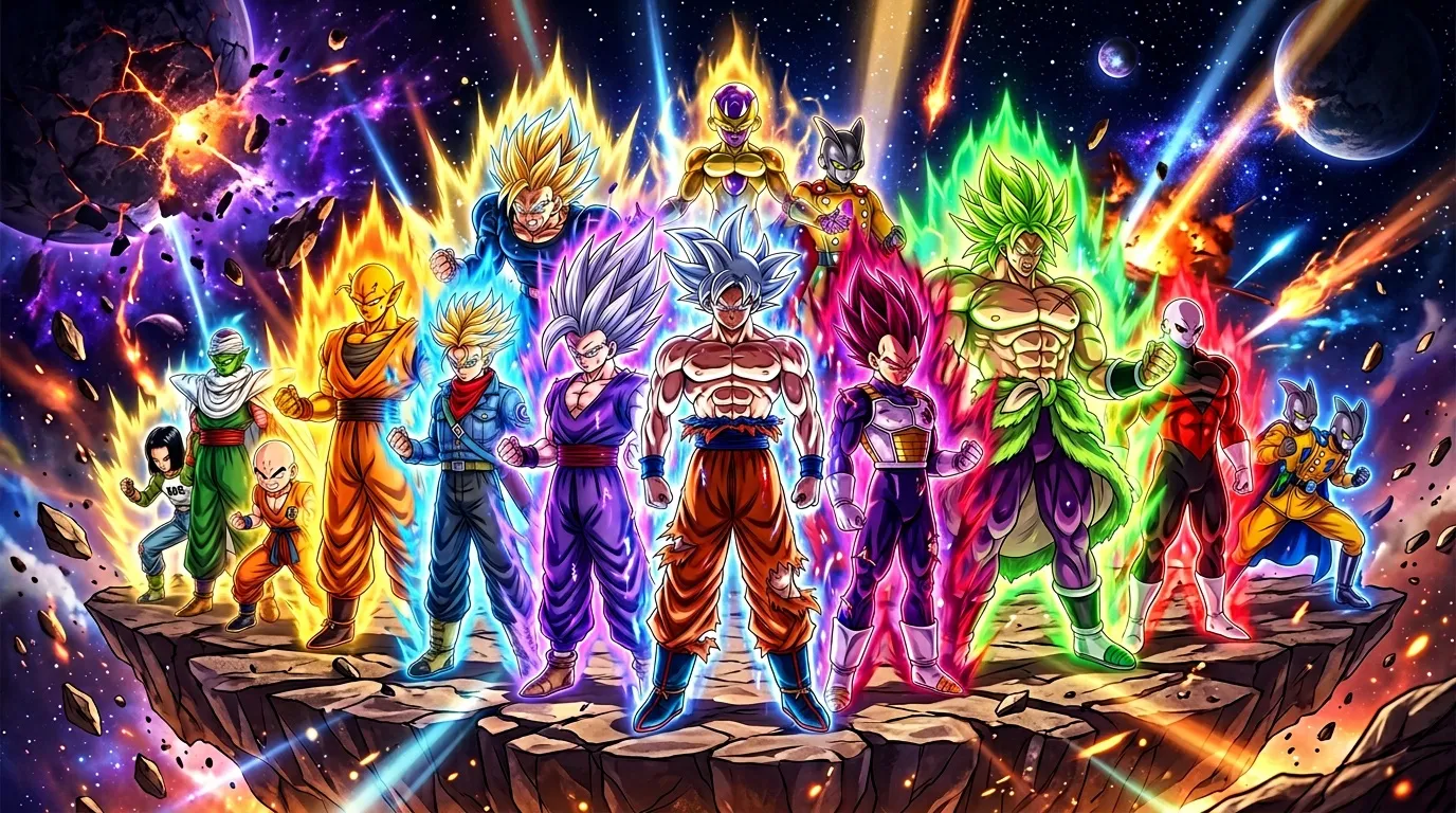 Personnages Dragon Ball dans leurs formes de transformation énergétiques colorées