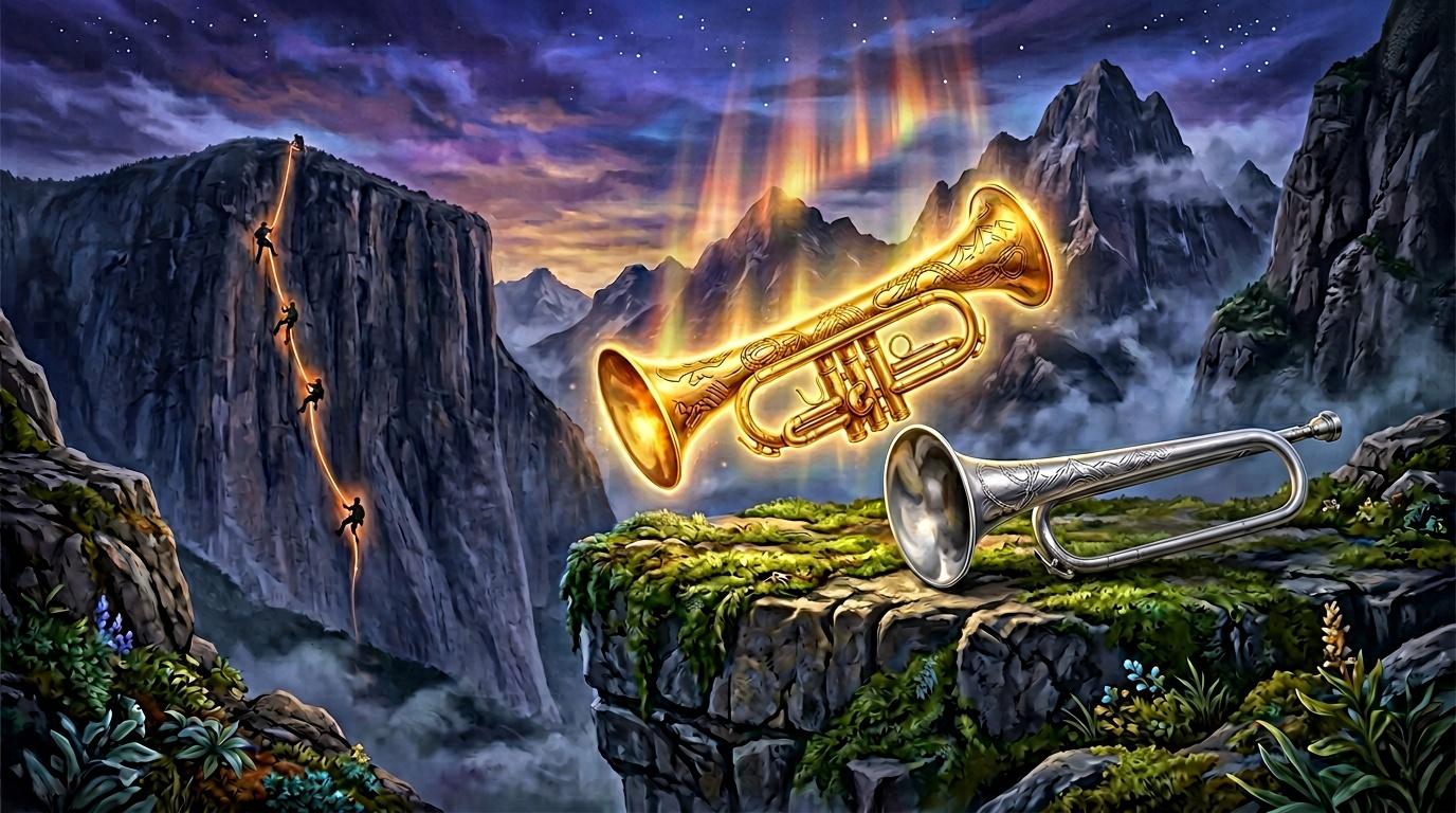 Trompettes magiques brillant dans un paysage montagneux mystique.
