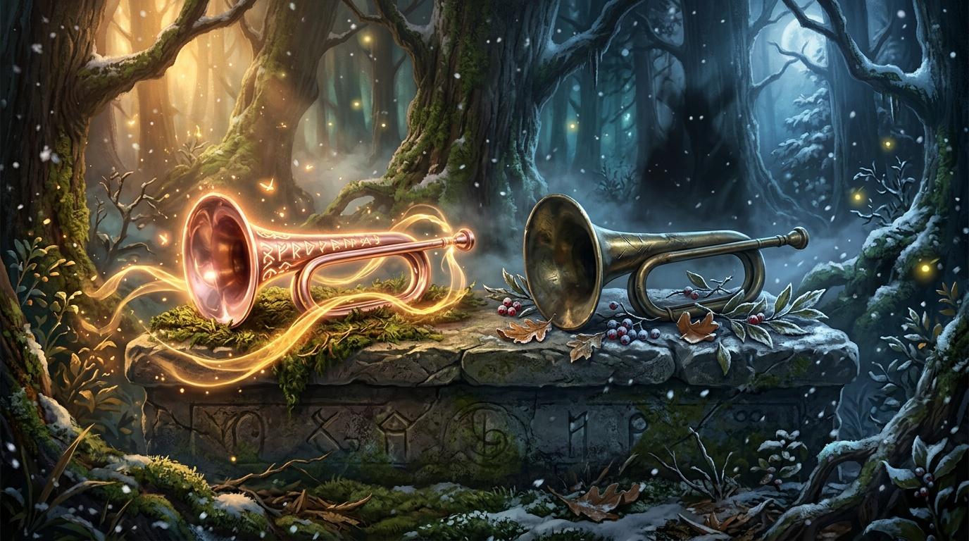 Deux trompettes magiques brillantes dans une for&ecirc;t hivernale enchant&eacute;e