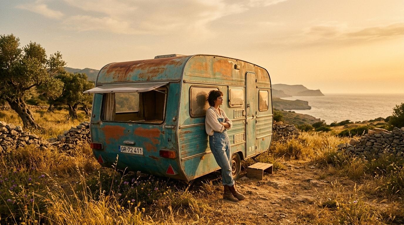 Femme devant caravane vintage près de la mer