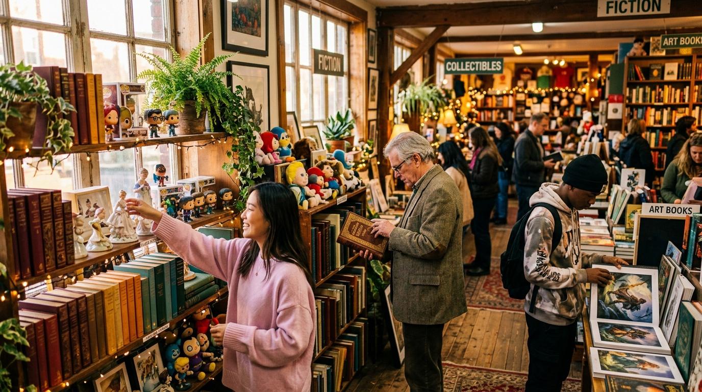 Clients d&eacute;couvrent livres et collectibles dans librairie d&eacute;cor&eacute;e.