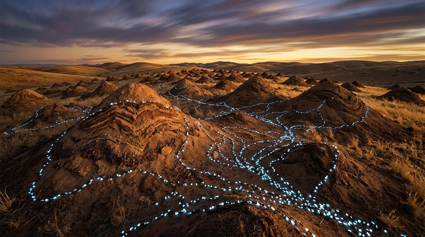 Chaîne montagneuse désertique illuminée par des points lumineux bleus