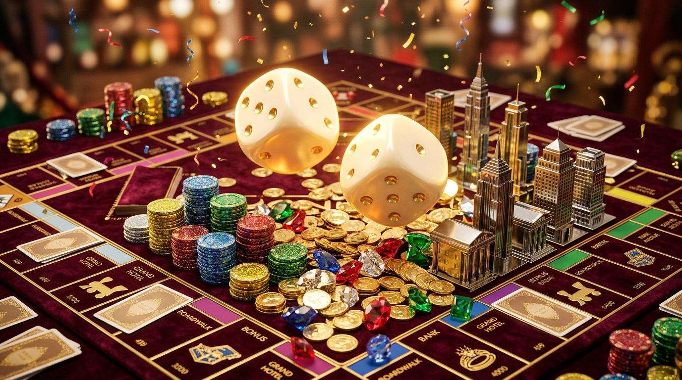 Dés dorés, jetons et pièces sur tapis de casino