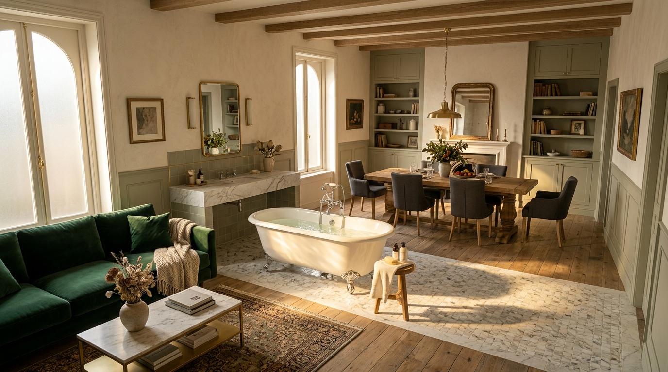 Suite salle de bain spacieuse avec baignoire, salon et salle &agrave; manger.