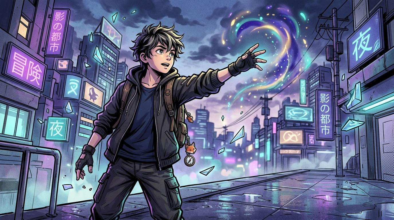 Jeune gar&ccedil;on contr&ocirc;lant une magie violette dans une ville futuriste