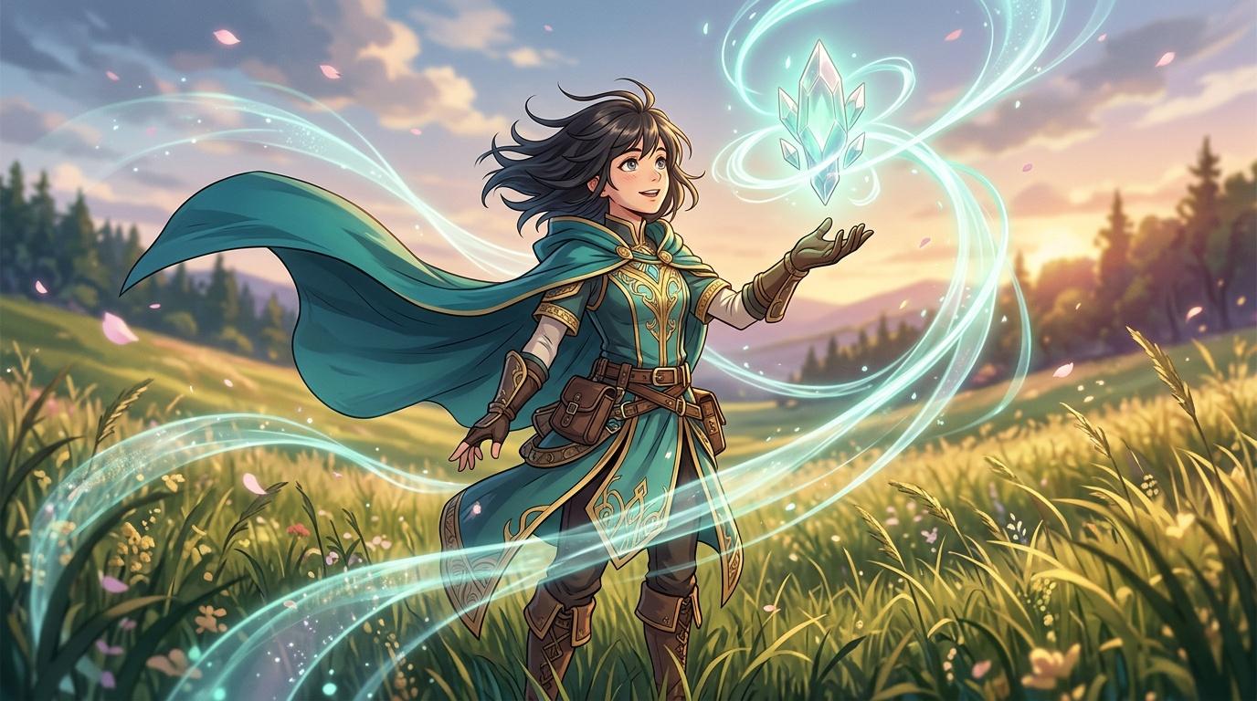 Femme magicienne avec cape turquoise dans un champ luminescent