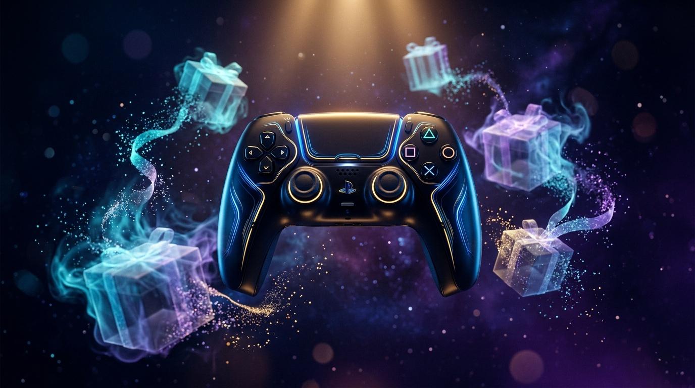 Contrôleur PlayStation avec effets lumineux et cadeaux numériques