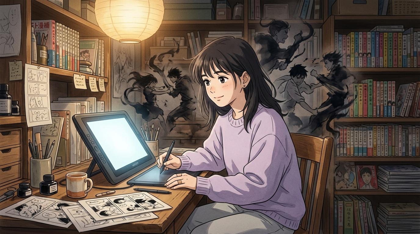 Jeune femme dessinant des mangas sur tablette graphique