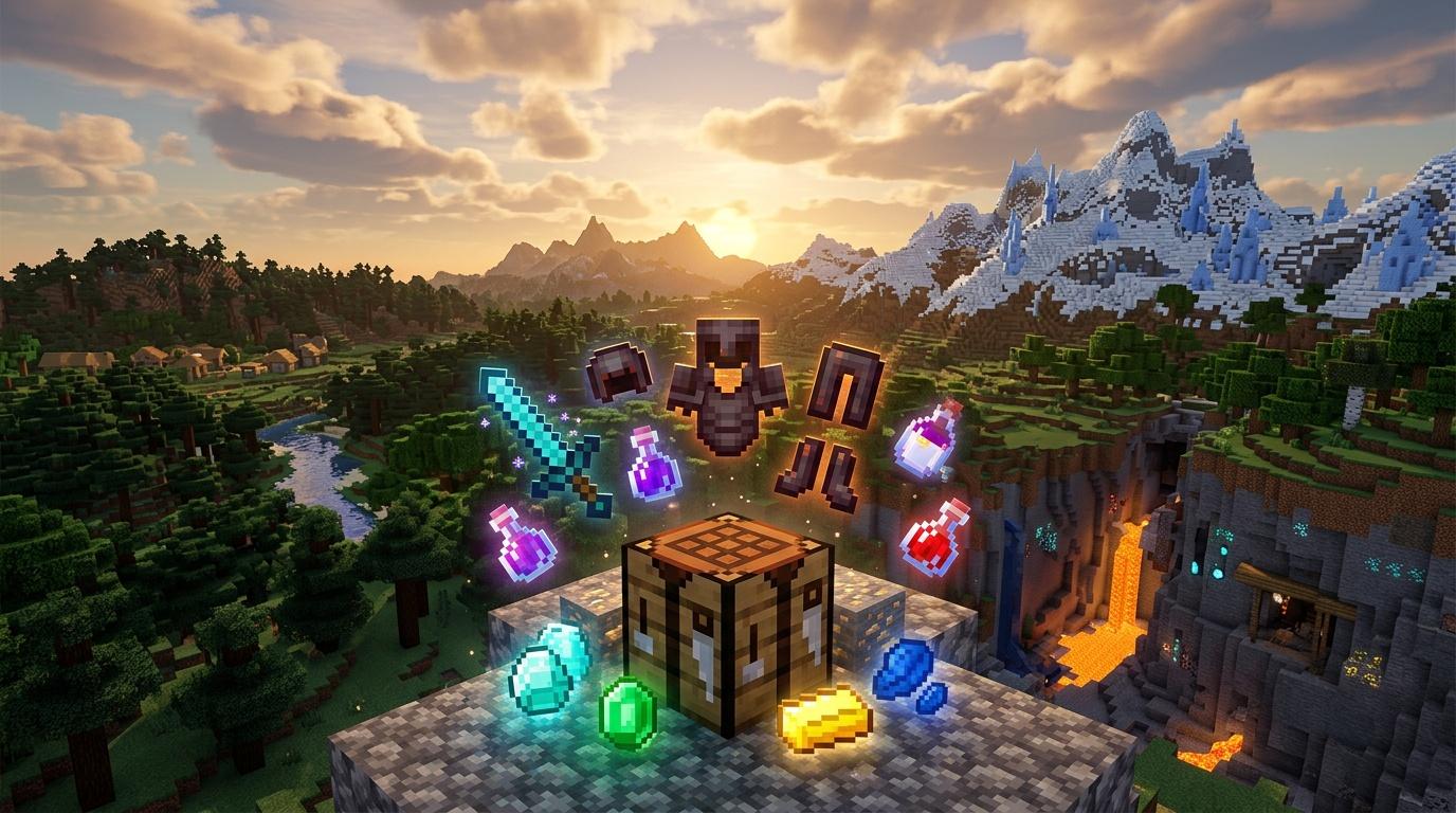 Coffre entouré d'objets magiques brillants dans Minecraft