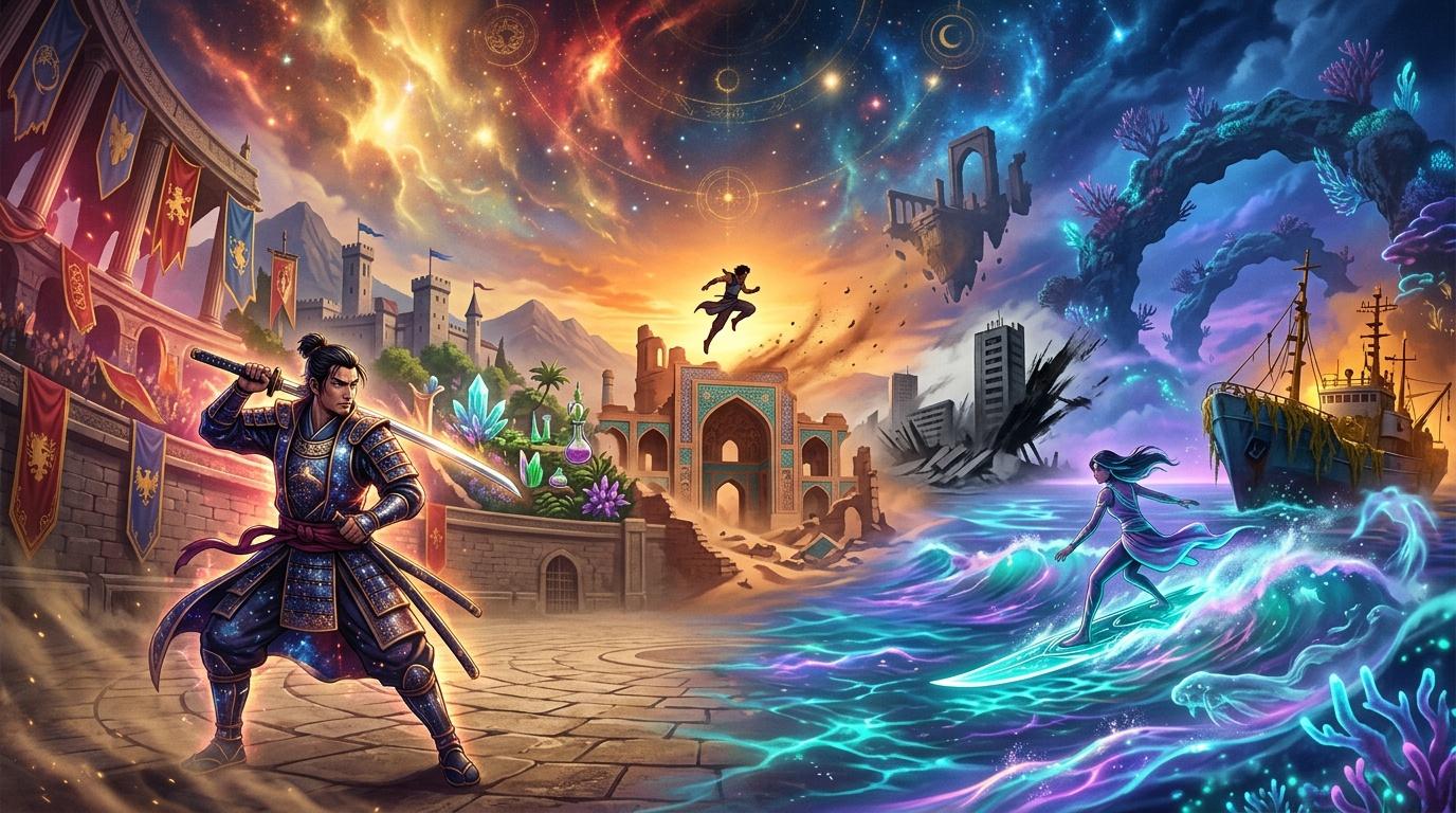 Guerrier oriental affrontant magicienne dans univers fantastique.