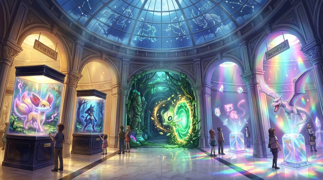 Galerie souterraine avec cr&eacute;atures lumineuses et visiteurs