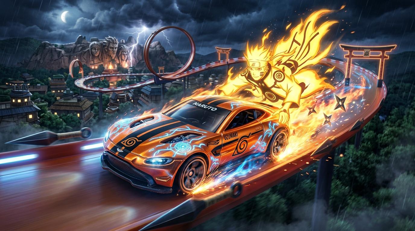 Voiture orange avec flammes et personnage Naruto illuminé