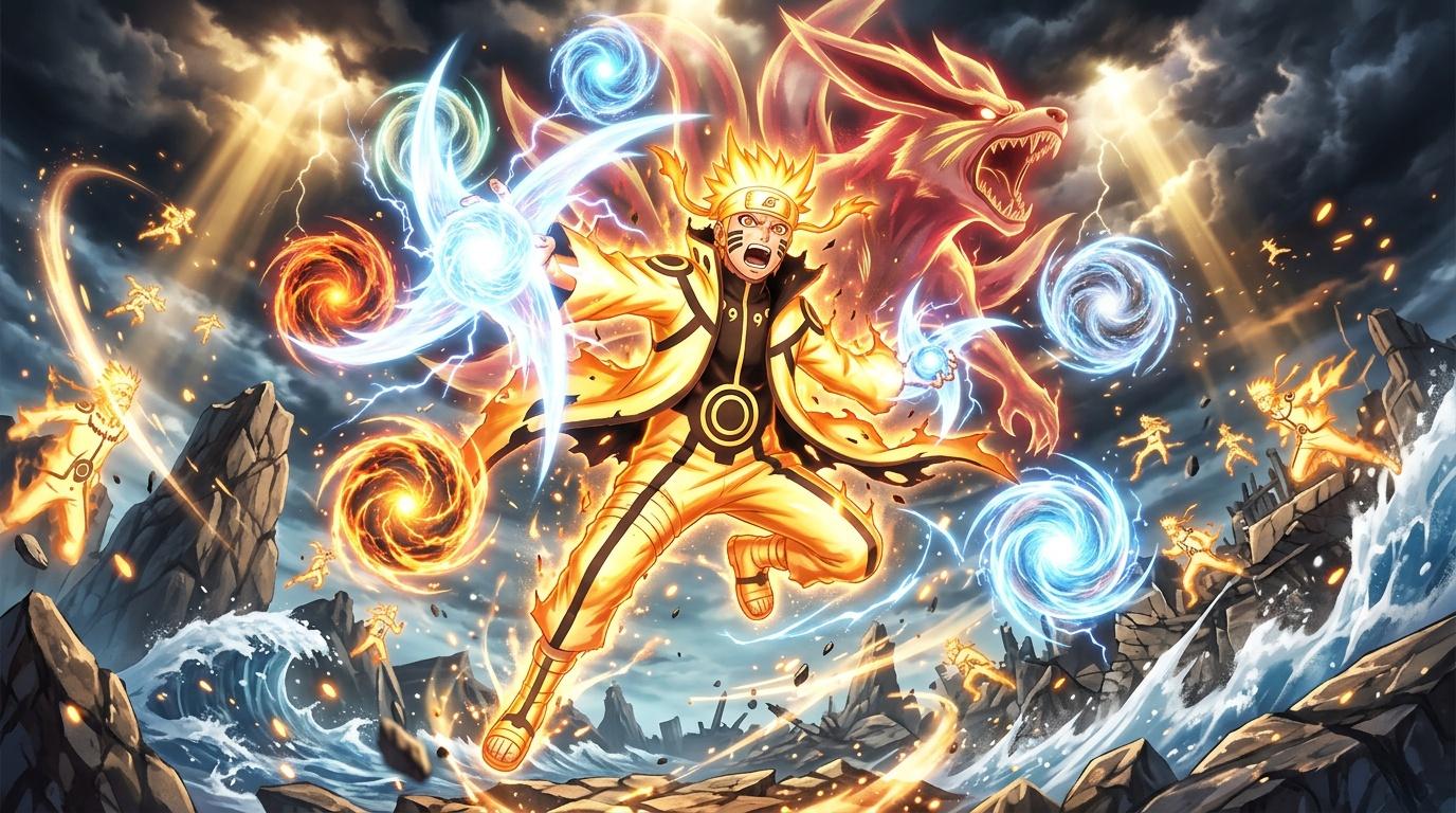 Personnage anime en costume doré avec énergie flamboyante et spirales bleues