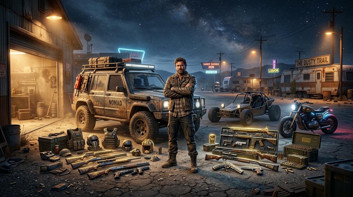 Homme posant devant v&eacute;hicule &eacute;quip&eacute; dans d&eacute;sert nocturne