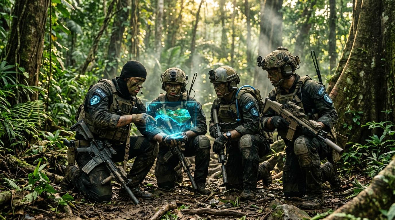 Soldats équipés technologie holographique forêt tropicale