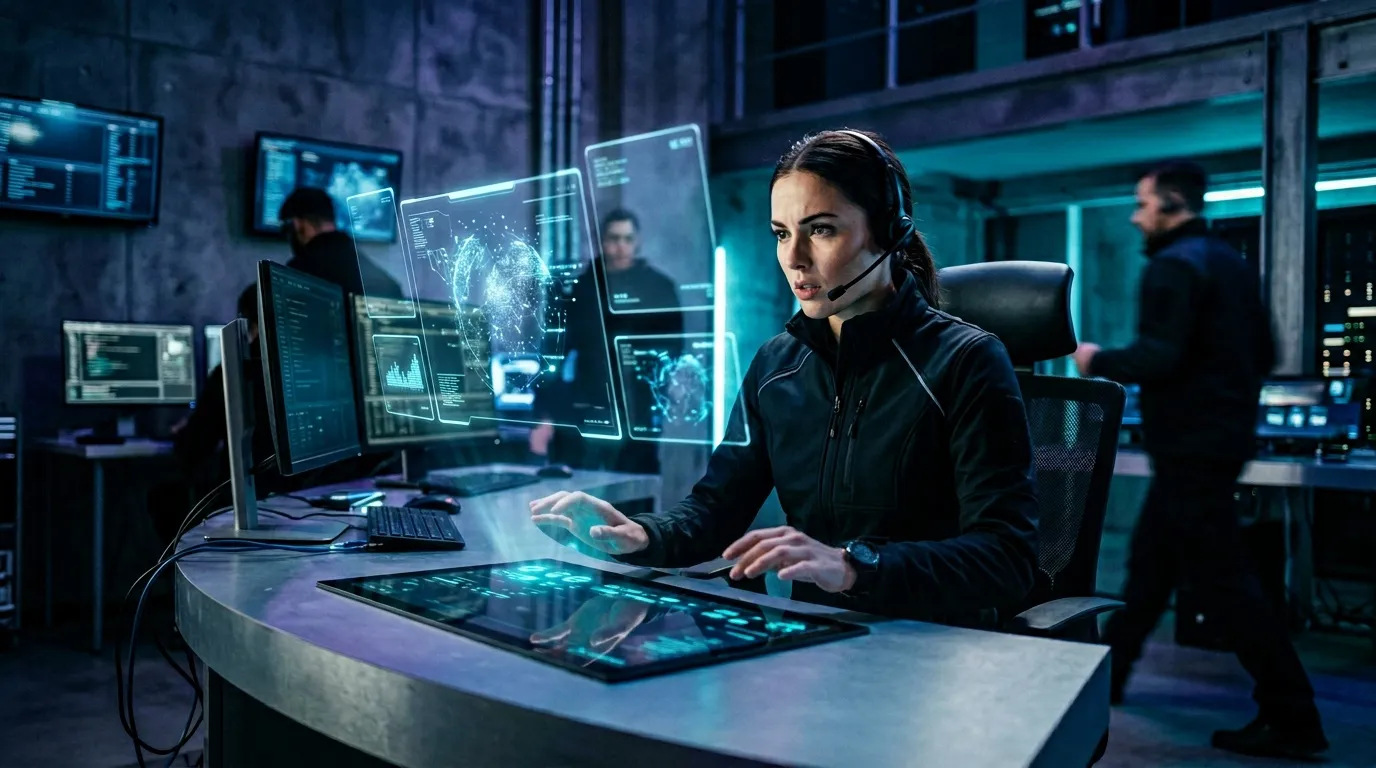 Femme avec casque travaille sur interface numérique futuriste