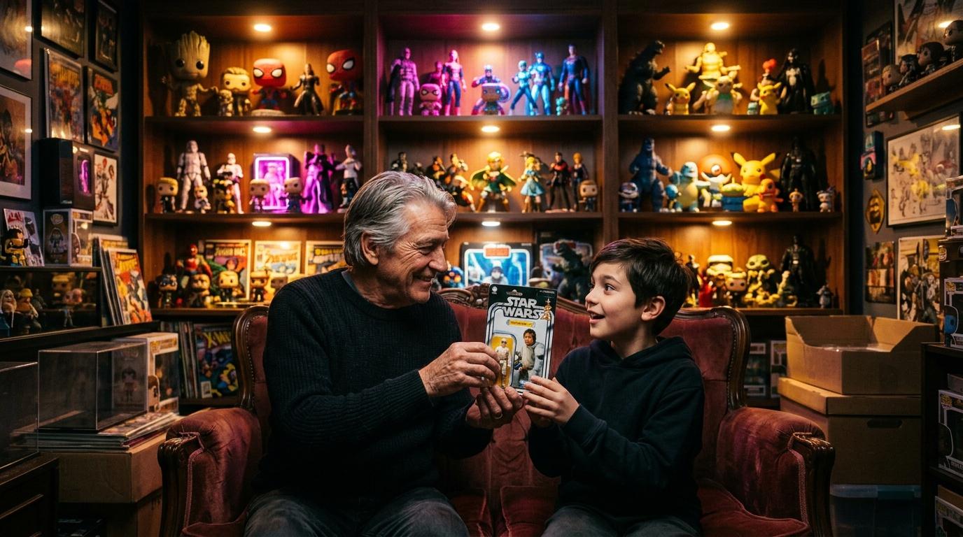 Grand-p&egrave;re et enfant admirent une figurine Star Wars dans un mus&eacute;e de collection