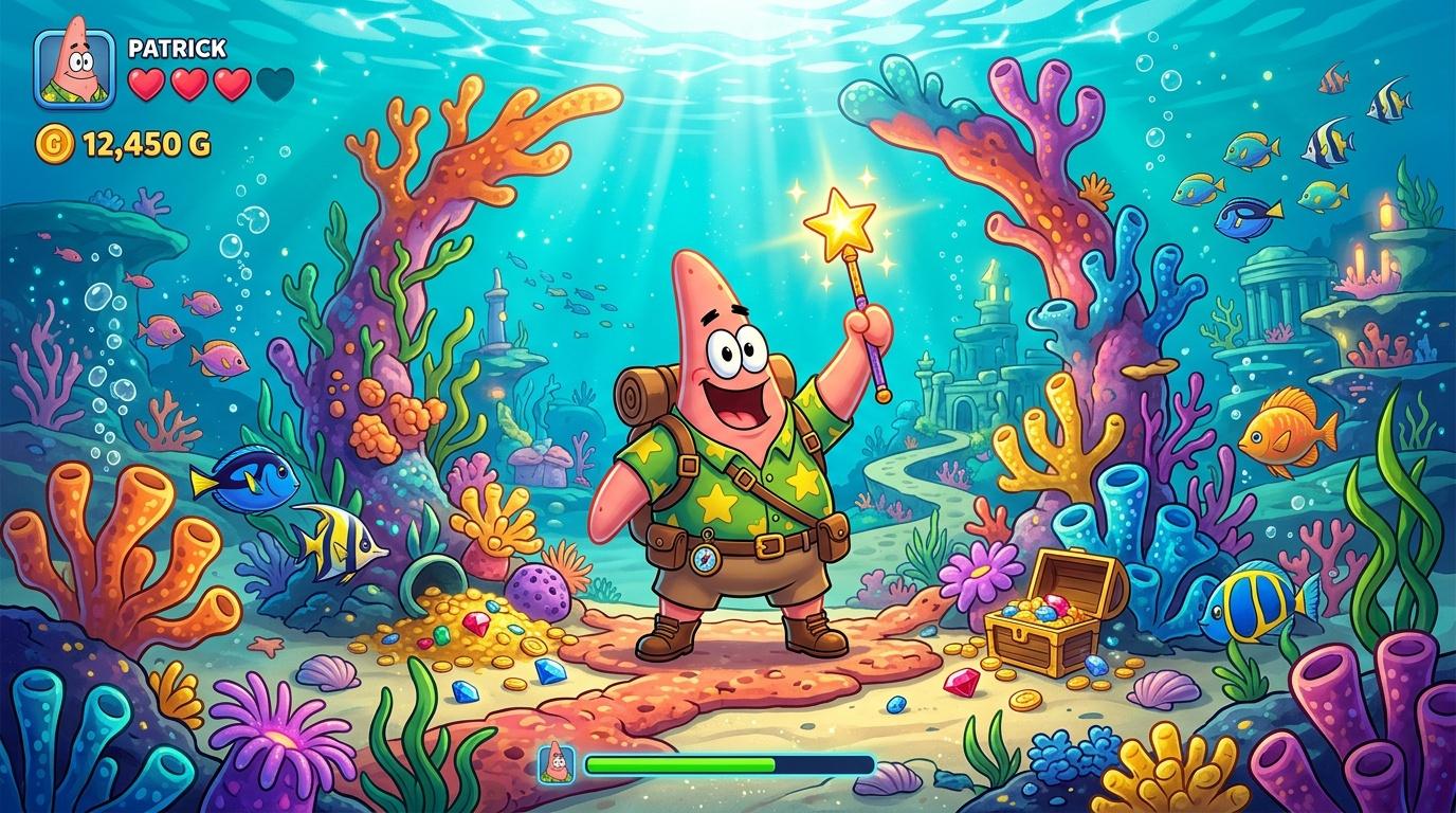 Patrick tenant une étoile magique dans un univers aquatique coloré