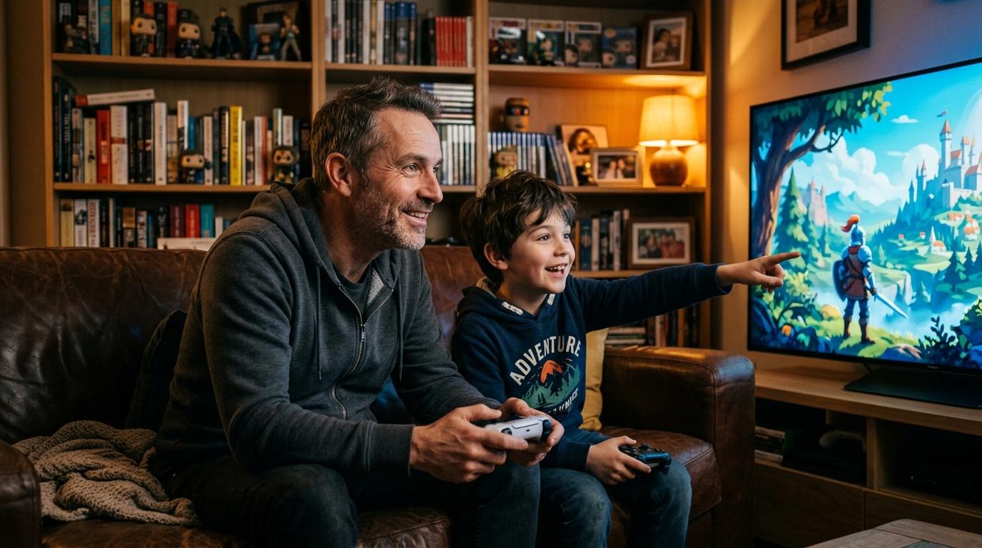 Un homme et un enfant jouent aux jeux vid&eacute;o sur un canap&eacute;