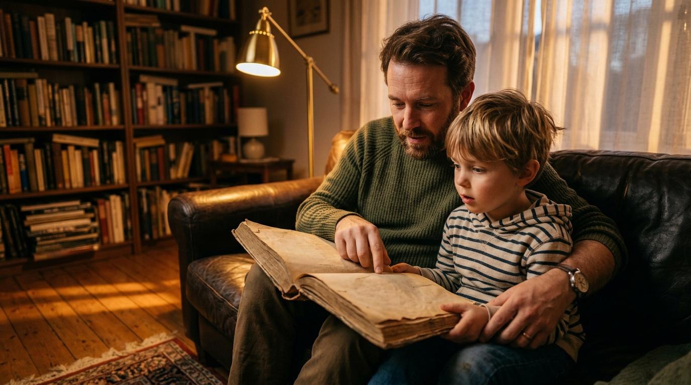 Un homme et un enfant lisent un livre sur un canap&eacute;