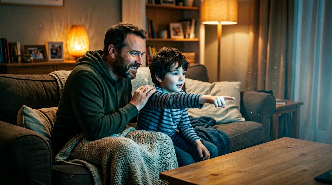Un homme et un enfant assis sur un canap&eacute; regardent ensemble