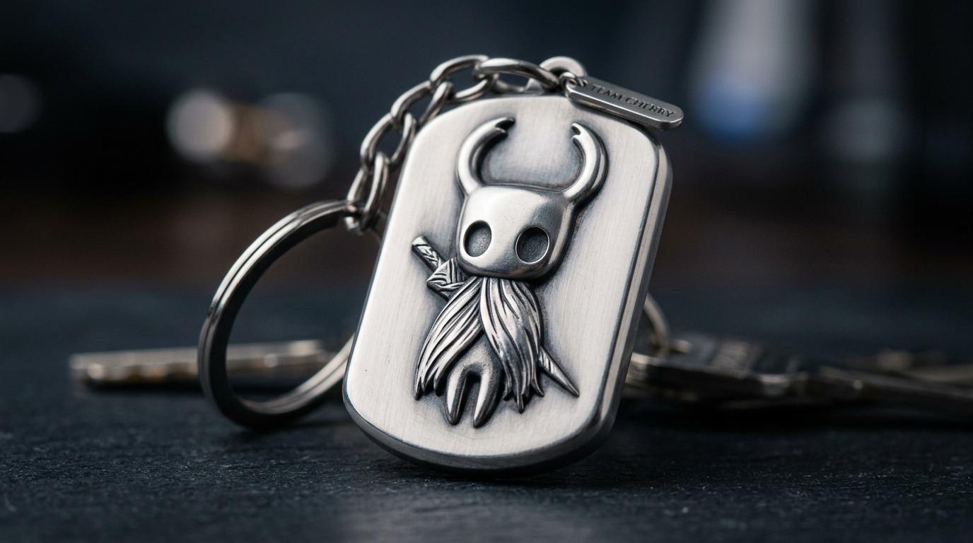 Porte-clés métallique représentant le personnage Hollow Knight