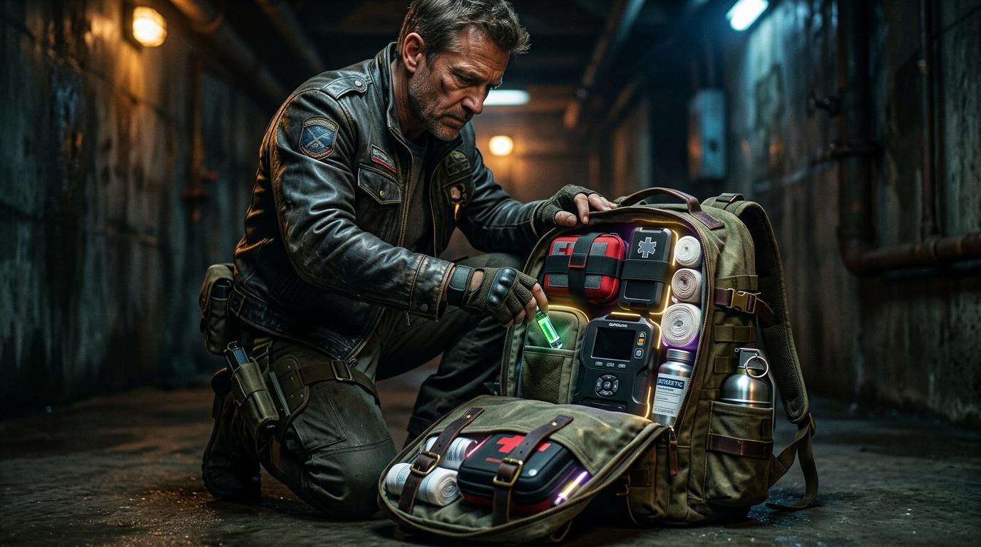 Militaire organisant &eacute;quipement m&eacute;dical et de survie tactique