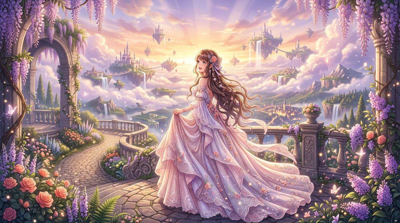 Femme en robe rose devant châteaux flottants nuageux