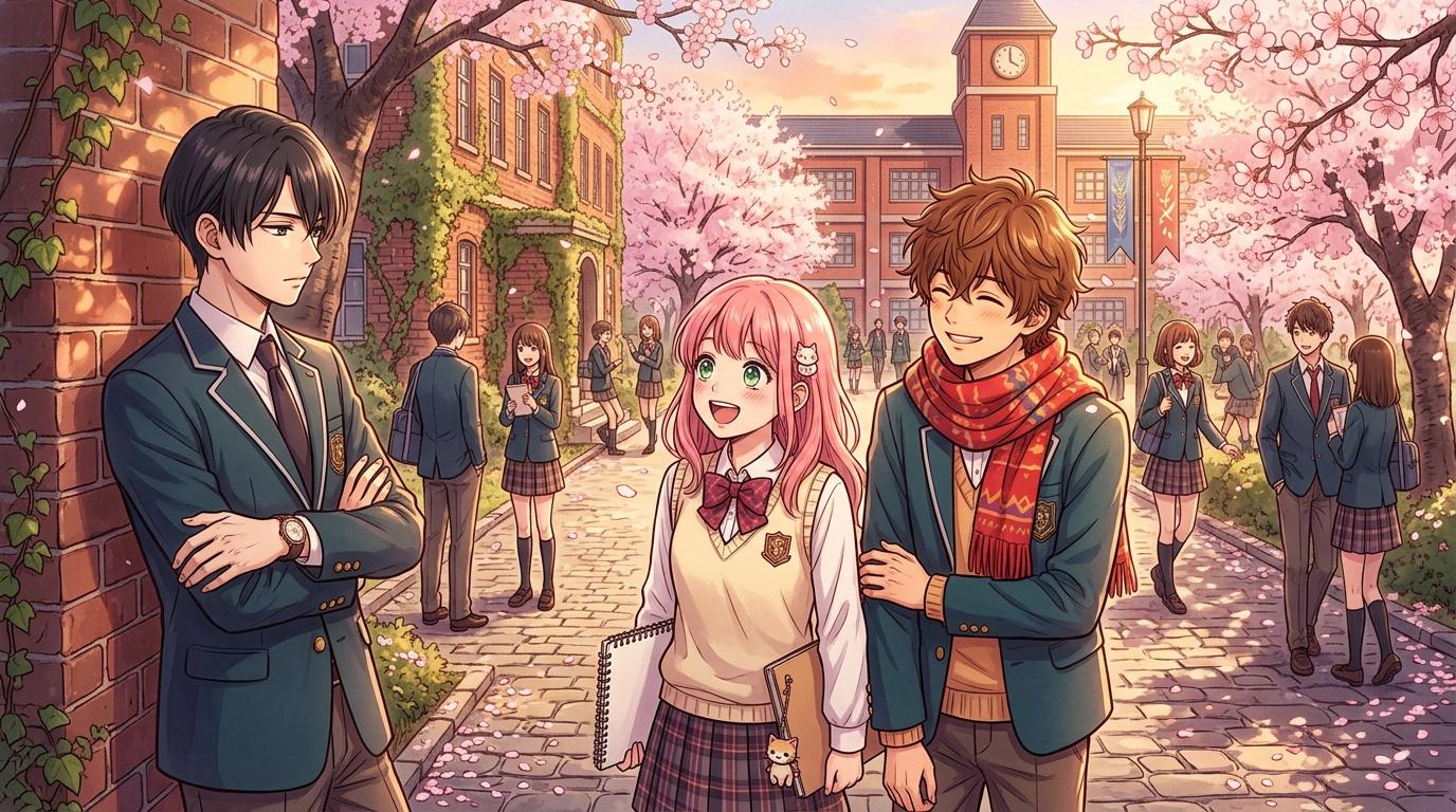 Trois &eacute;tudiants souriants dans une cour fleurie de cerisiers roses