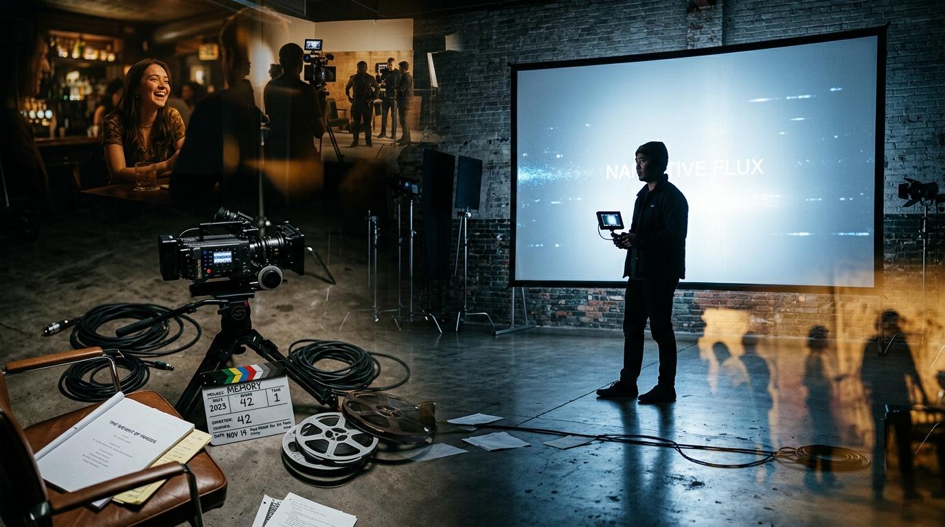 Tournage film avec cam&eacute;ra professionnelle et &eacute;cran g&eacute;ant