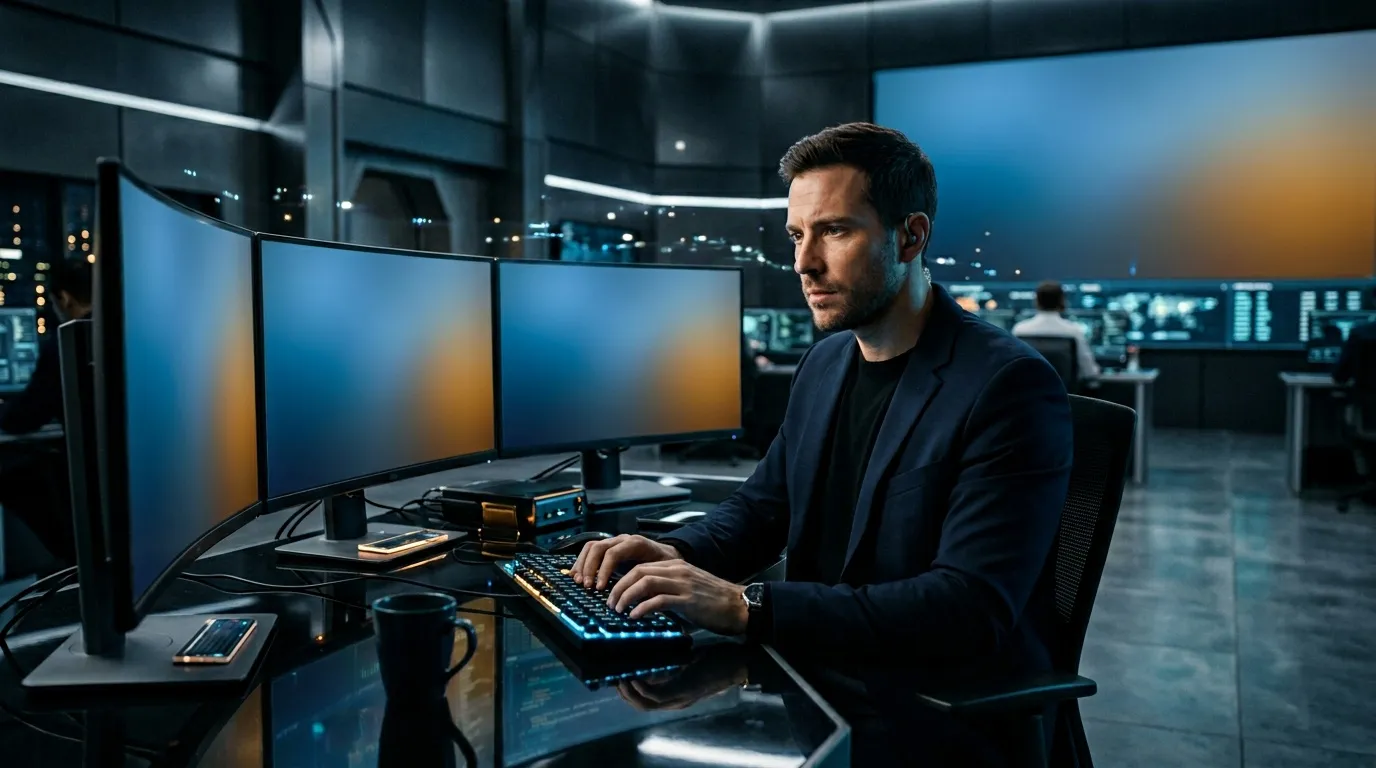 Homme en costume travaillant sur ordinateur, bureau moderne, nuit urbaine