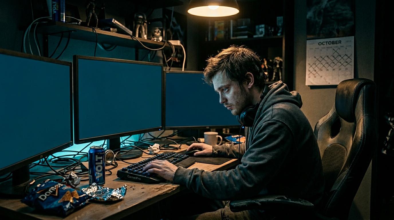 Homme codant &agrave; son bureau avec dual monitors la nuit