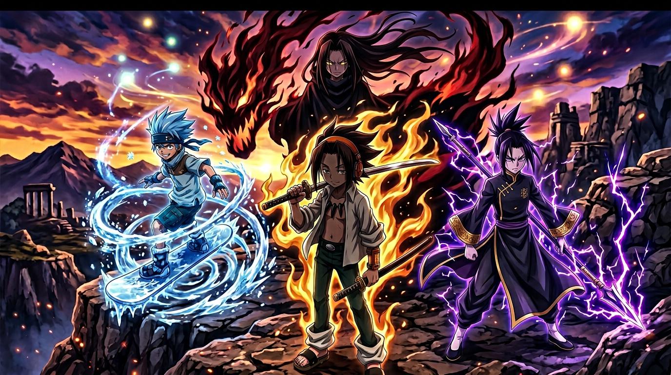 Quatre jeunes ninja contr&ocirc;lant les &eacute;l&eacute;ments eau, feu et &eacute;lectricit&eacute;